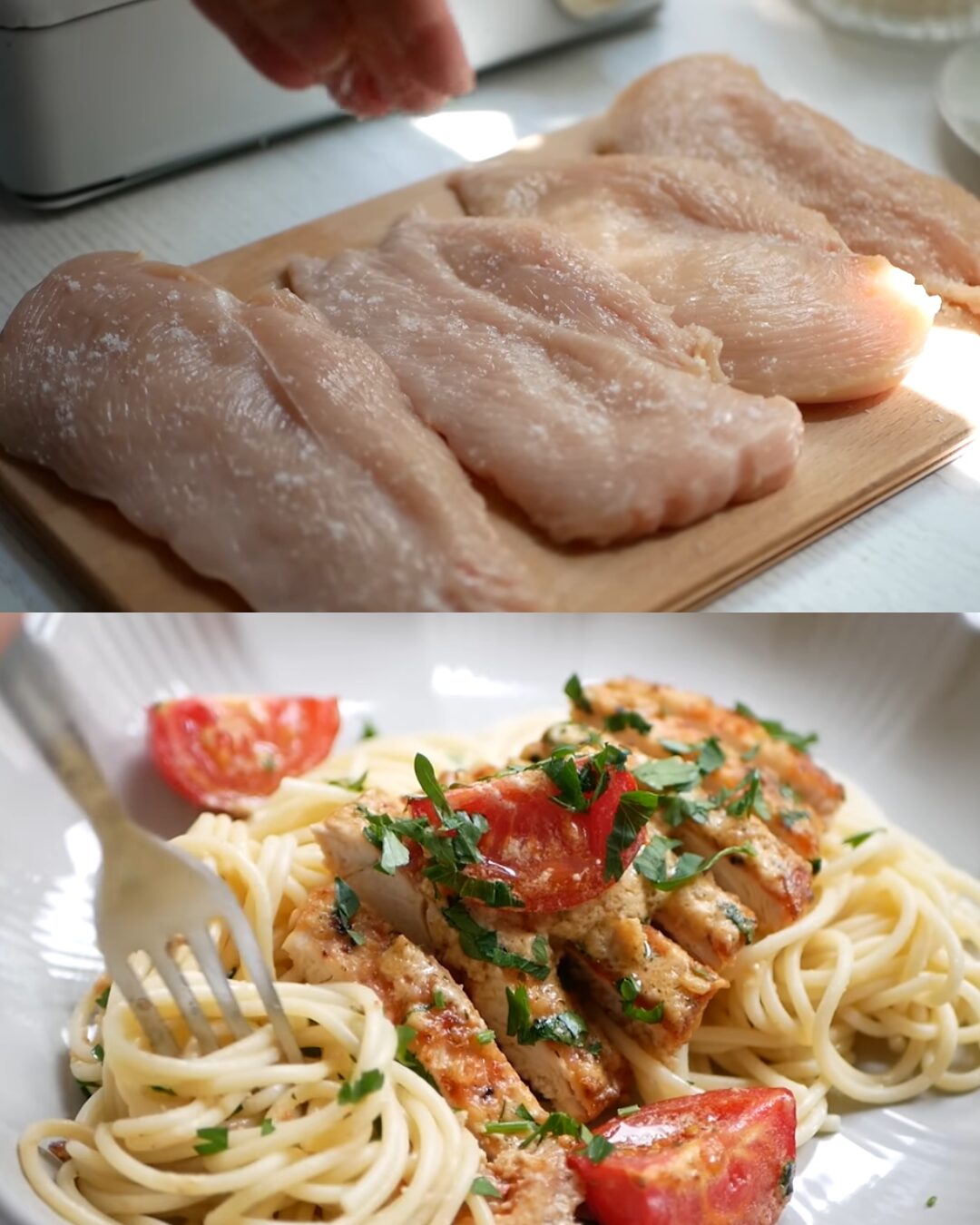 Creamy Mozzarella Chicken with Garlic Tomato Sauce and Spaghetti