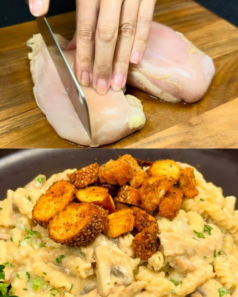Creamy Chicken Mushroom Pasta with Lemon Zest and Mozzarella finished dish