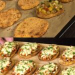 Baked Potato and Zucchini Cakes with Garlic Veggie Sauce and Cucumber Yogurt Dip