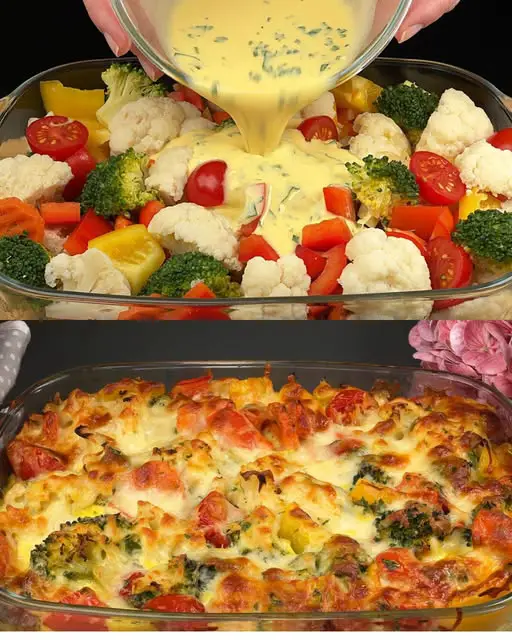Cheesy Vegetable Casserole Bake with Yogurt Herb Sauce