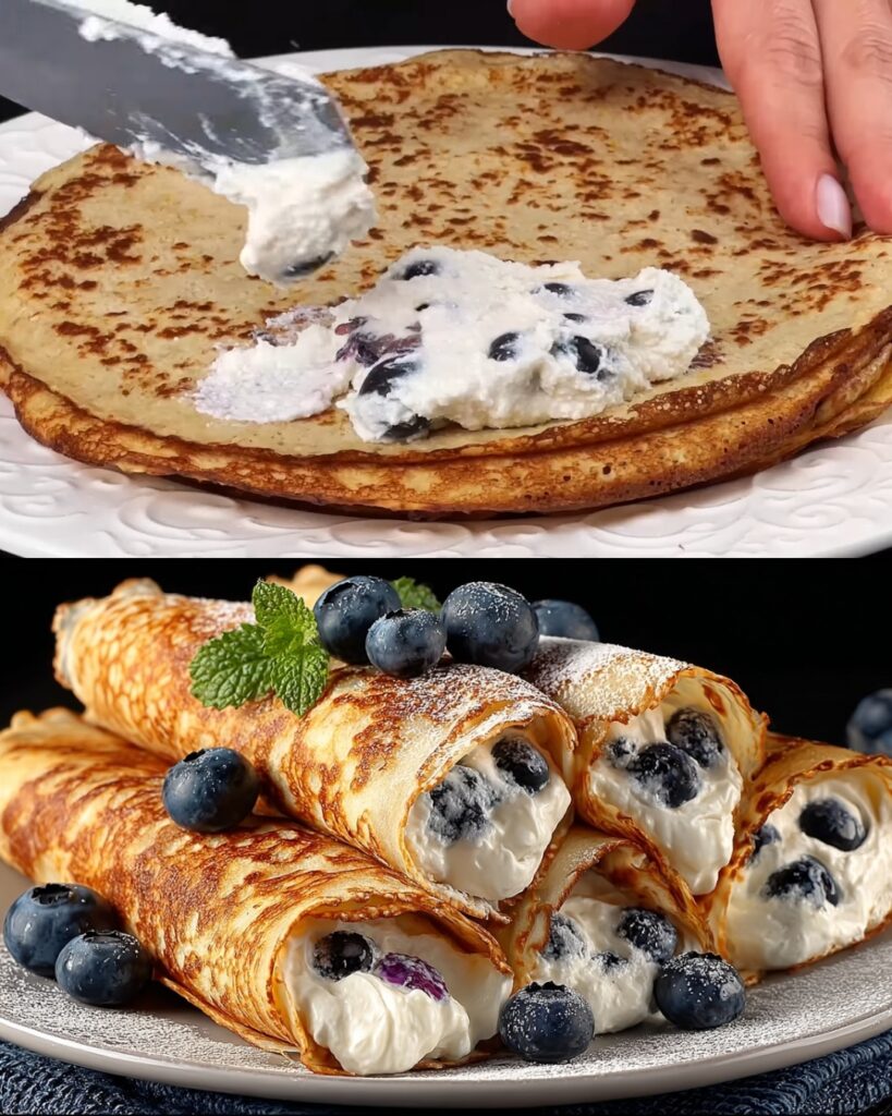 Fluffy Oatmeal Pancakes with Cottage Cheese & Blueberry Filling