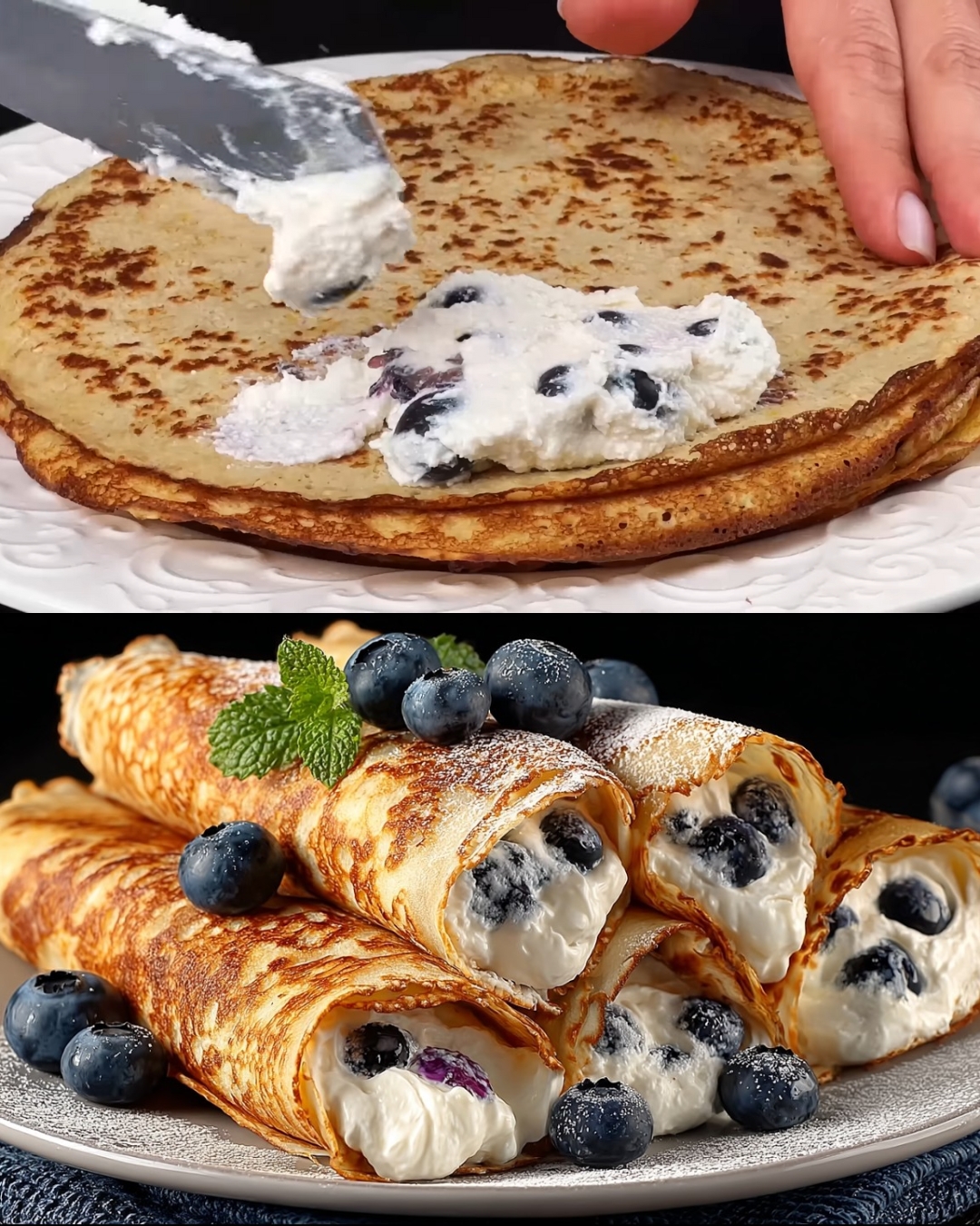 Fluffy Oatmeal Pancakes with Cottage Cheese & Blueberry Filling