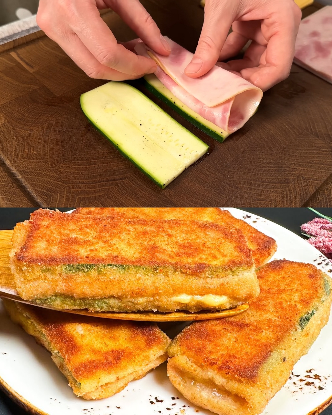 Stuffed Zucchini Fritters with Ham & Cheese finished dish