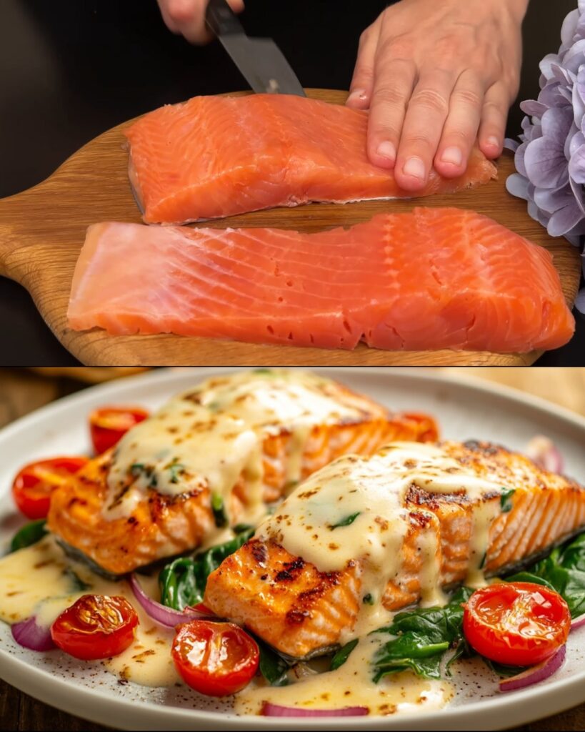 Baked Trout with Creamy Cheddar Sauce and Cherry Tomatoes