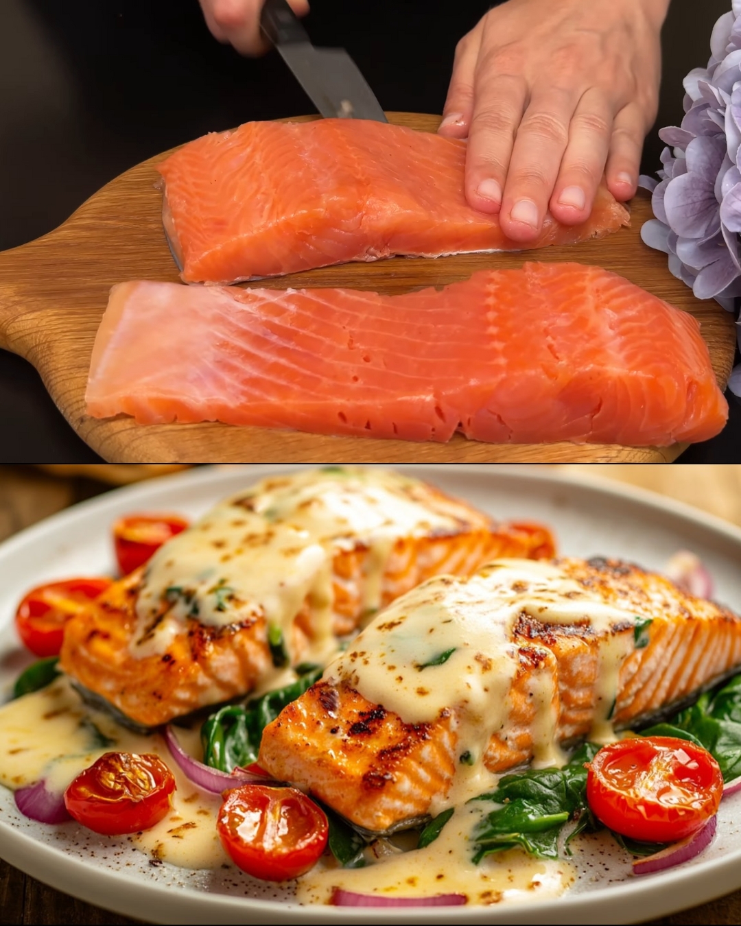 Baked Trout with Creamy Cheddar Sauce and Cherry Tomatoes