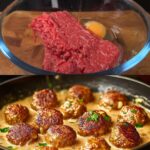 Creamy Mustard Meatballs with Garlic Chili Pasta and Marinated Mushroom Salad