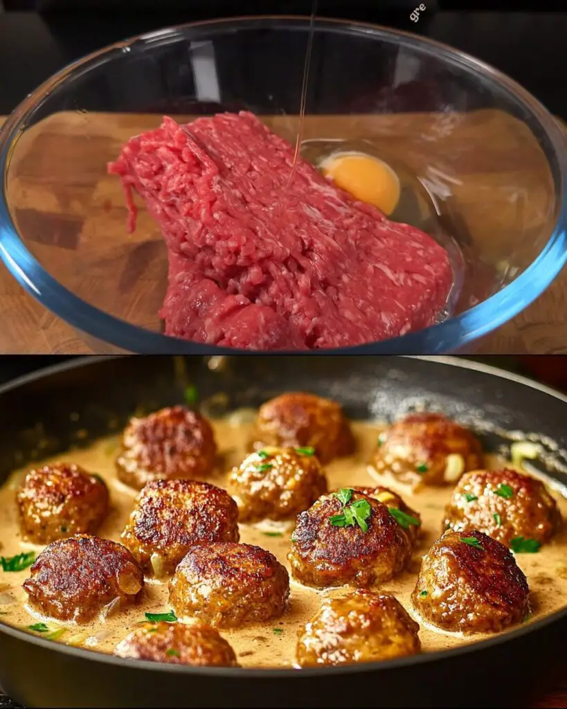 Creamy Mustard Meatballs with Garlic Chili Pasta and Marinated Mushroom Salad