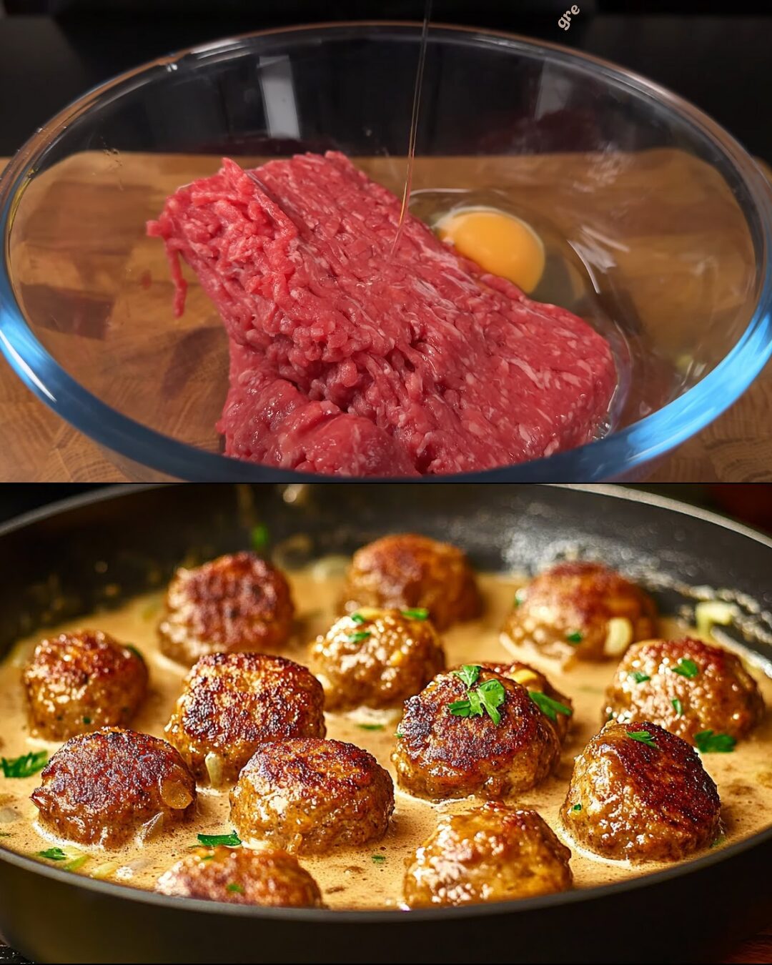 Creamy Mustard Meatballs with Garlic Chili Pasta and Marinated Mushroom Salad