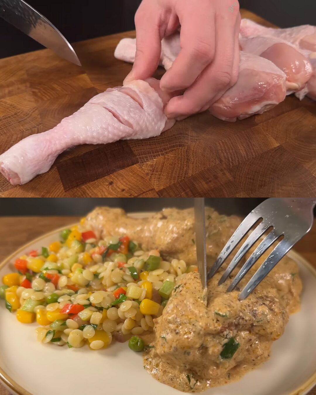 Creamy Chicken Shanks with Ptitim and Garden Vegetables