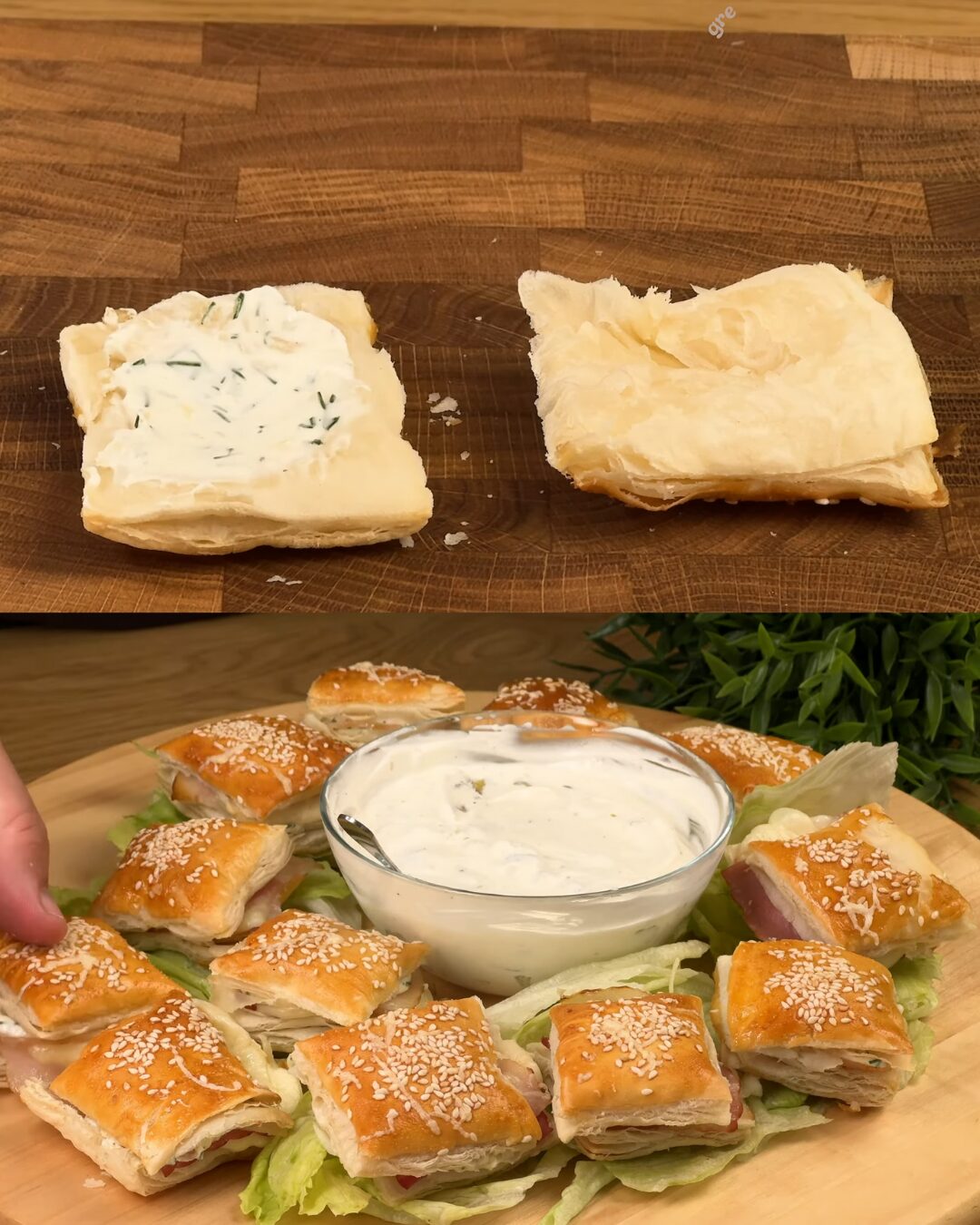 Crispy Puff Pastry Bites with Bacon, Cream Cheese, and Garlic Sauce