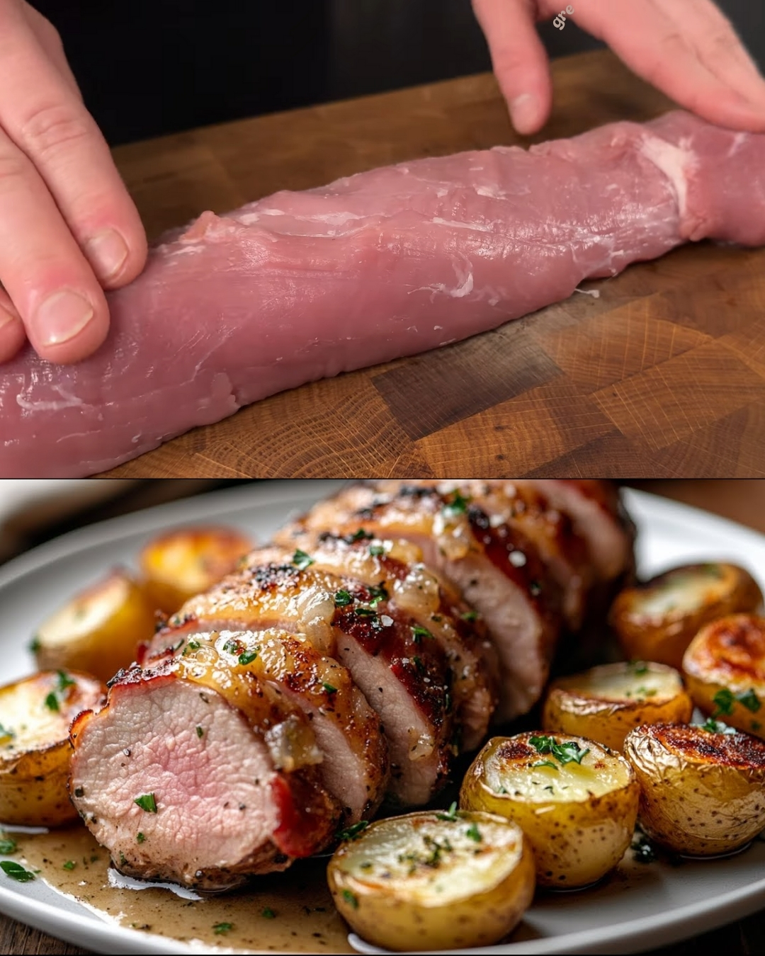 Herb-Baked Pork Tenderloin with Mustard Apple Sauce and Crispy Potatoes