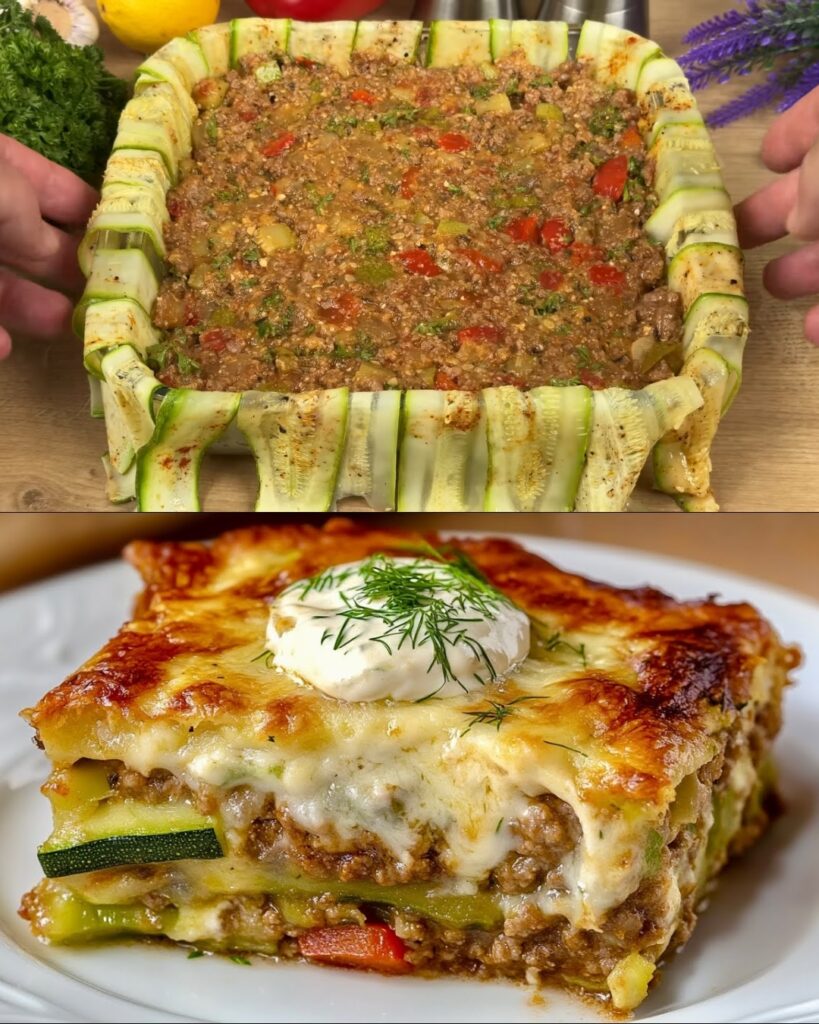 Zucchini & Tomato Stuffed Boats with Savory Minced Meat and Creamy Dill Sauce