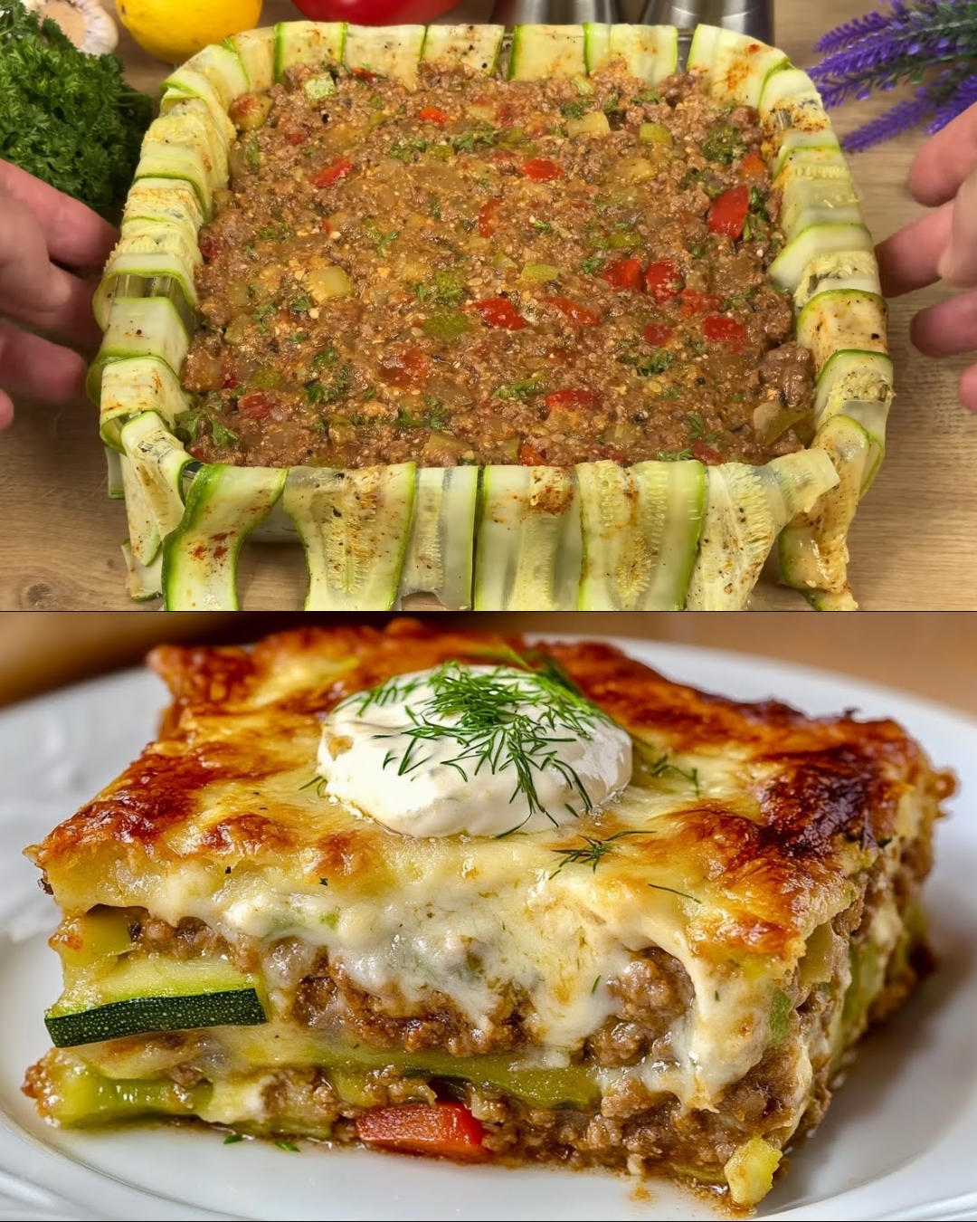 Zucchini & Tomato Stuffed Boats with Savory Minced Meat and Creamy Dill Sauce