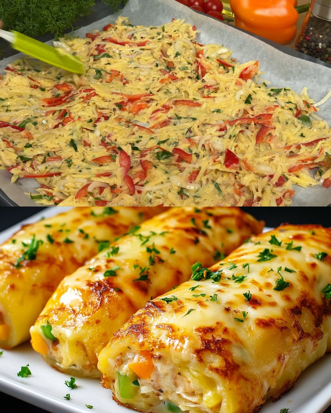 Baked Chicken & Potato Rounds with Bell Pepper, Cheese & Creamy Garlic-Dill Sauce