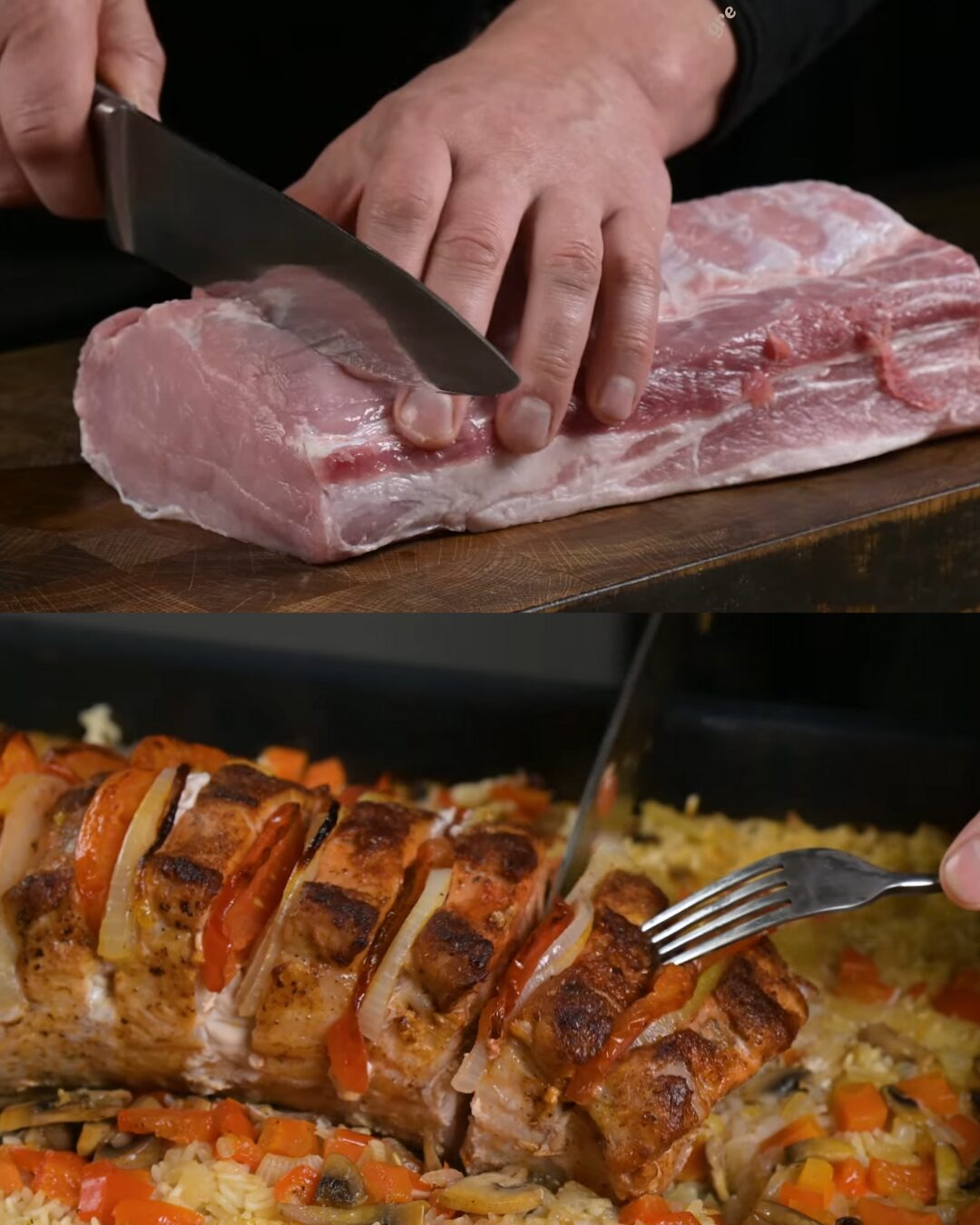 Baked Stuffed Pork Roast with Rice and Vegetables