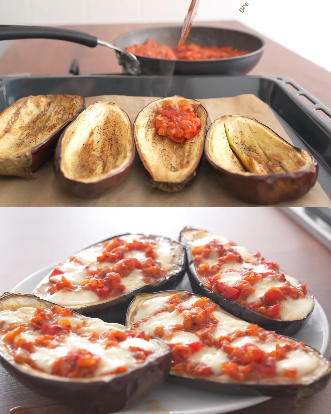 Oven-Baked Stuffed Eggplant Boats with Tomato and Cheese
