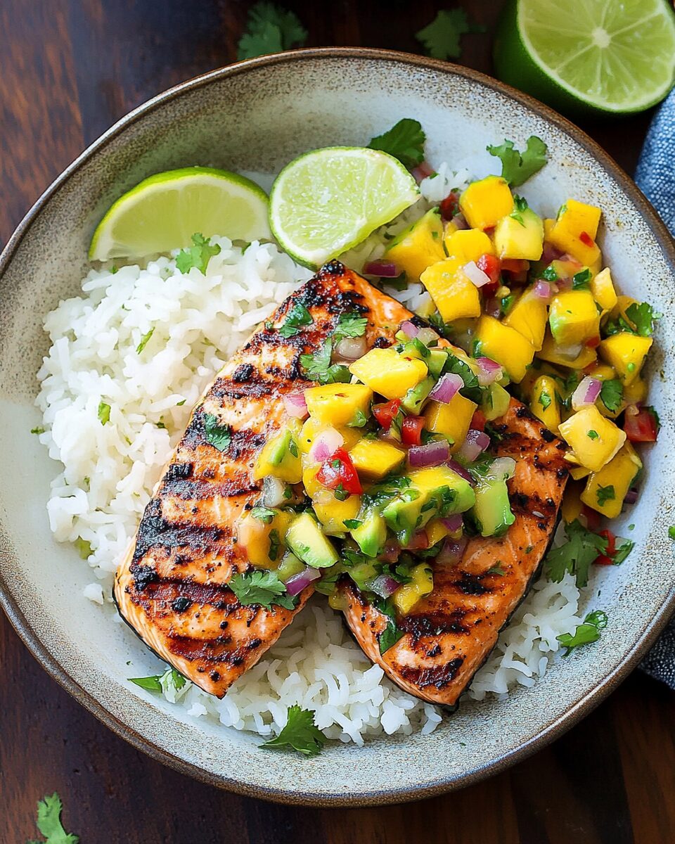Grilled Lime Salmon with Avocado Mango Salsa and Coconut Rice