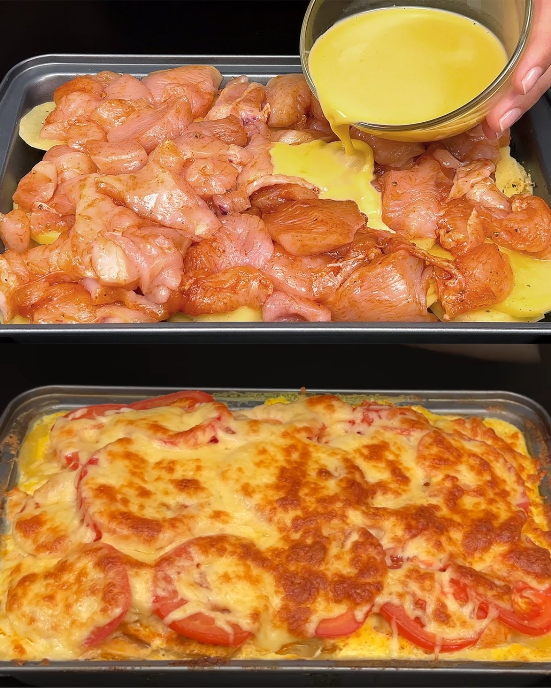 Cheesy Baked Chicken & Potato Casserole with Fresh Avocado Veggie Salad