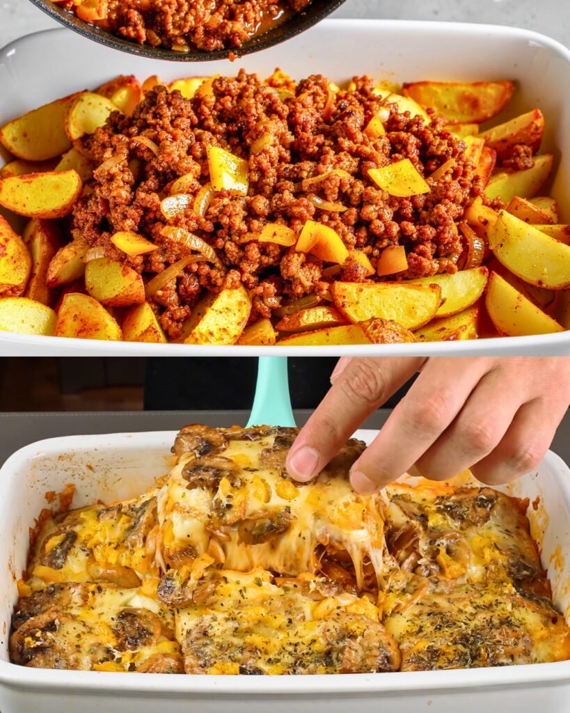 Cheesy Potato & Meat Bake with Fresh Herb Salad