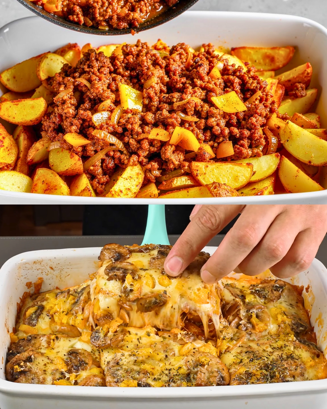 Cheesy Potato & Meat Bake with Fresh Herb Salad