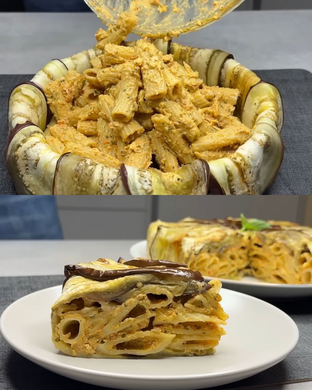 Baked Eggplant Pasta with Ricotta and Sun-Dried Tomato Pesto