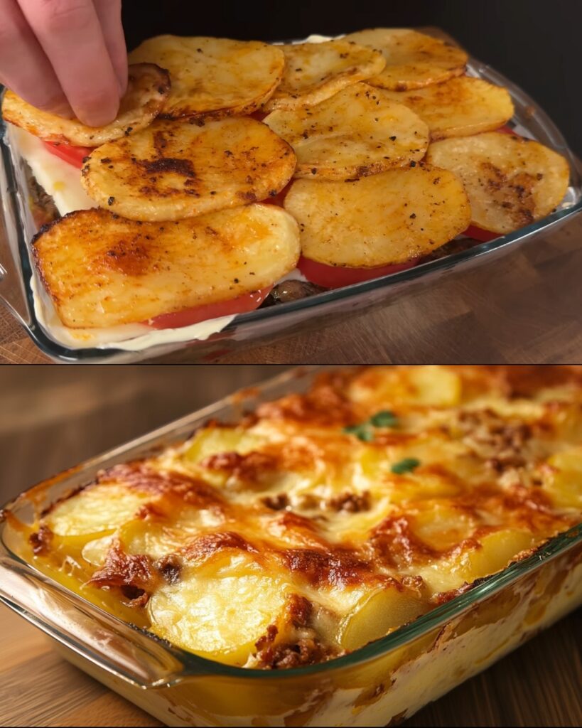 Loaded Potato & Beef Bake with Cheese, Eggs, and Creamy Herb Sauce finished dish