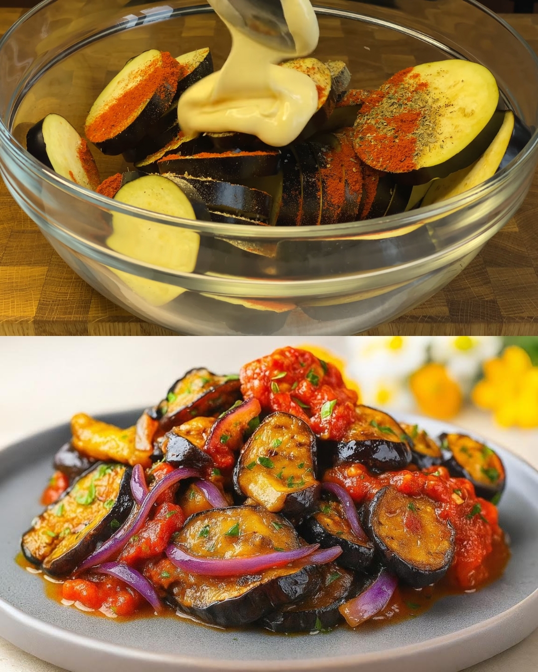 Smoky Eggplant and Bell Pepper Salad with Pickled Onions