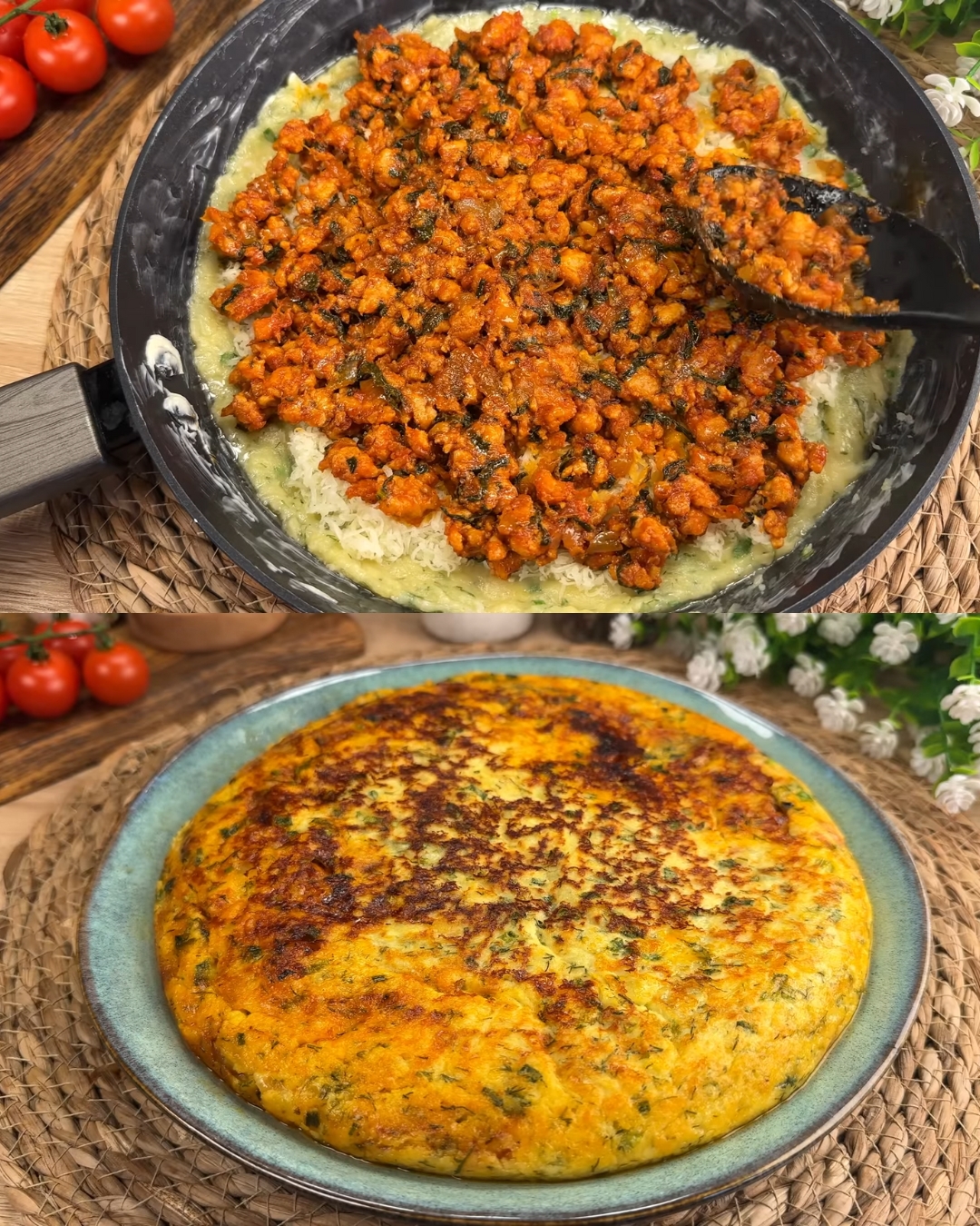 Layered Potato and Minced Chicken Skillet with Cheese and Spinach