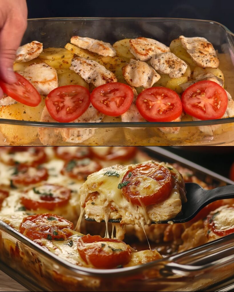 Baked Chicken and Potato Casserole with Mozzarella and Tomatoes finished dish