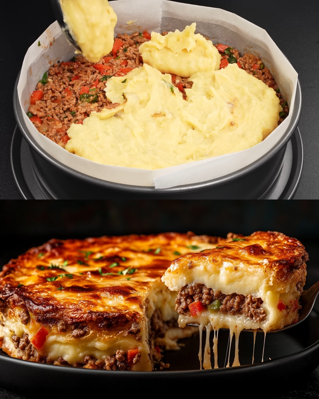 Ground Beef and Potato Bake with Mozzarella and Fresh Garden Salad