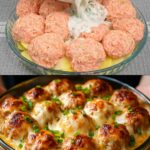 Oven-Baked Juicy Meatballs with Potatoes and Fresh Garden Salad