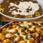 Cheesy Beefy Potato Casserole with Fresh Salad