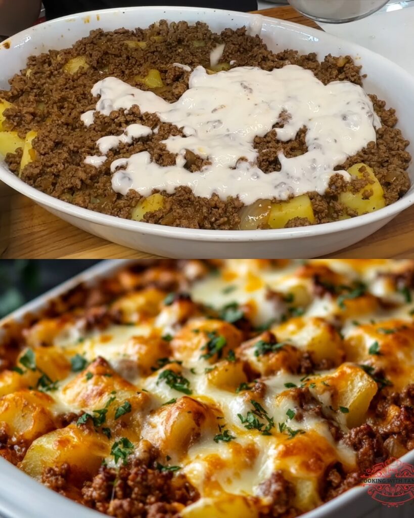 Cheesy Beefy Potato Casserole with Fresh Salad