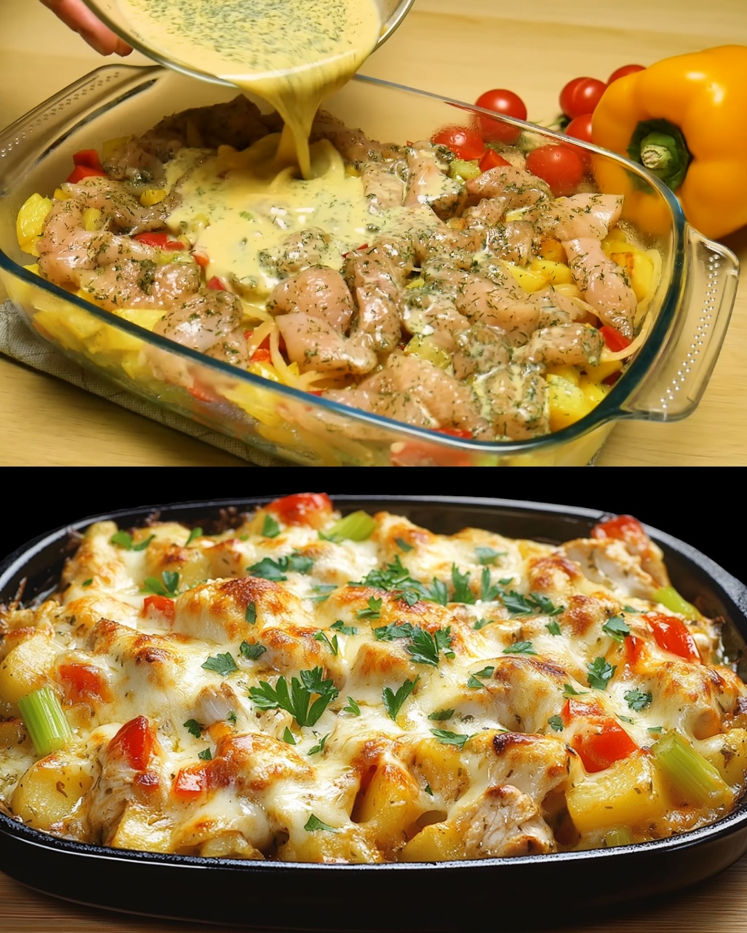 Chicken and Vegetable Potato Bake with Cream and Mozzarella