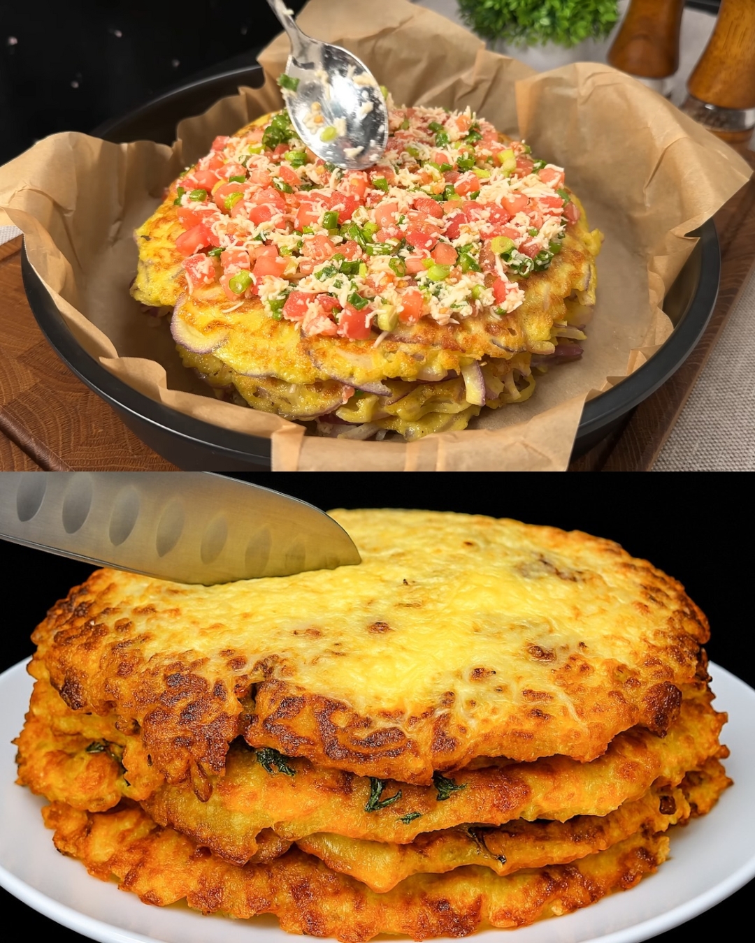 Golden Potato & Onion Pancake Bake with Cheesy Topping and Fresh Vegetable Sauce