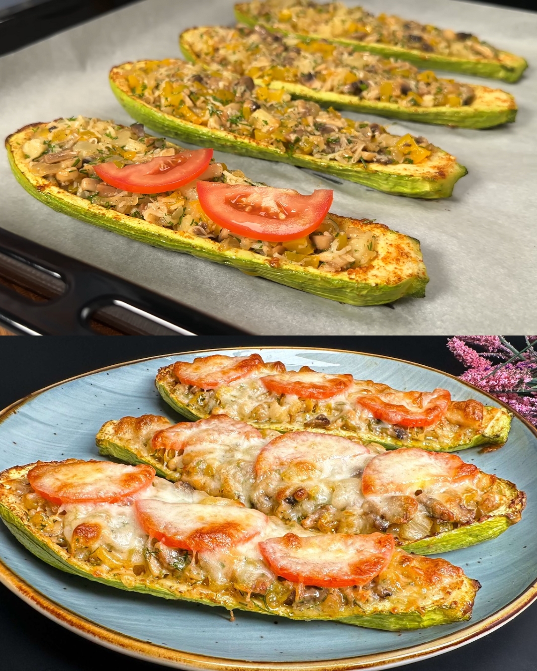Stuffed Zucchini Boats with Mushroom, Pineapple, and Cheese Filling