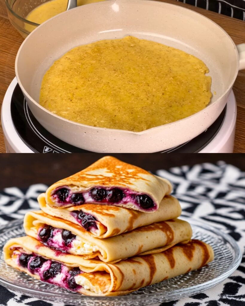 Healthy Oatmeal Pancakes with Cottage Cheese & Blueberries Filling