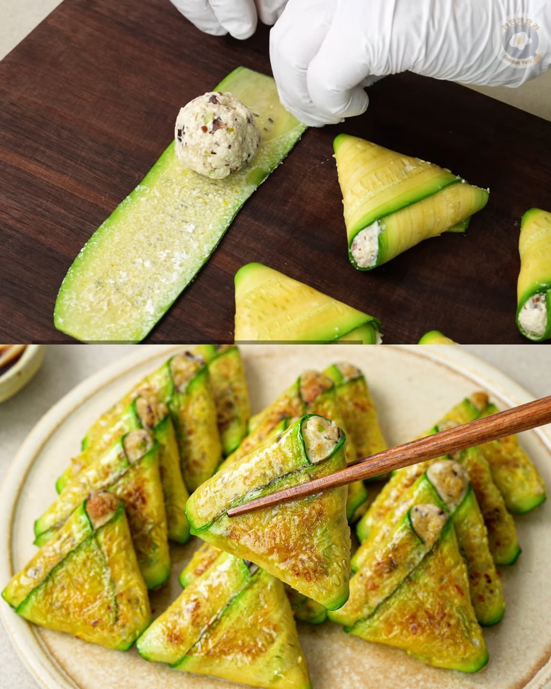 Zucchini Tofu Triangular Pancakes with Onion Soy Dipping Sauce