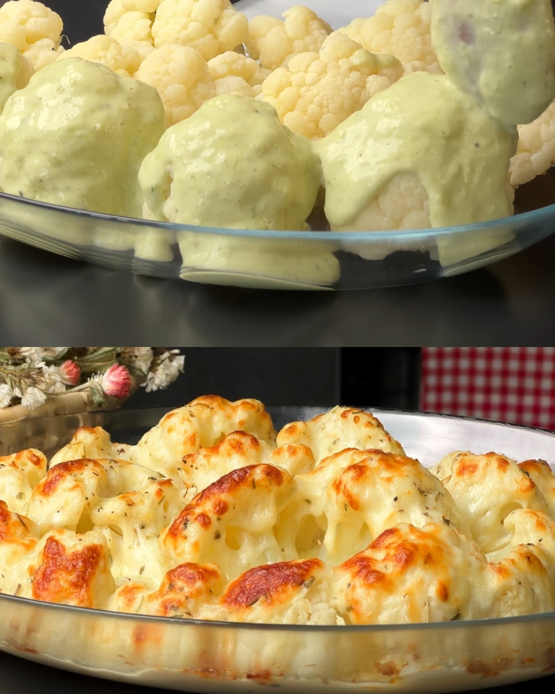 Baked Cheesy Cauliflower with a Tomato-Sour Cream Sauce
