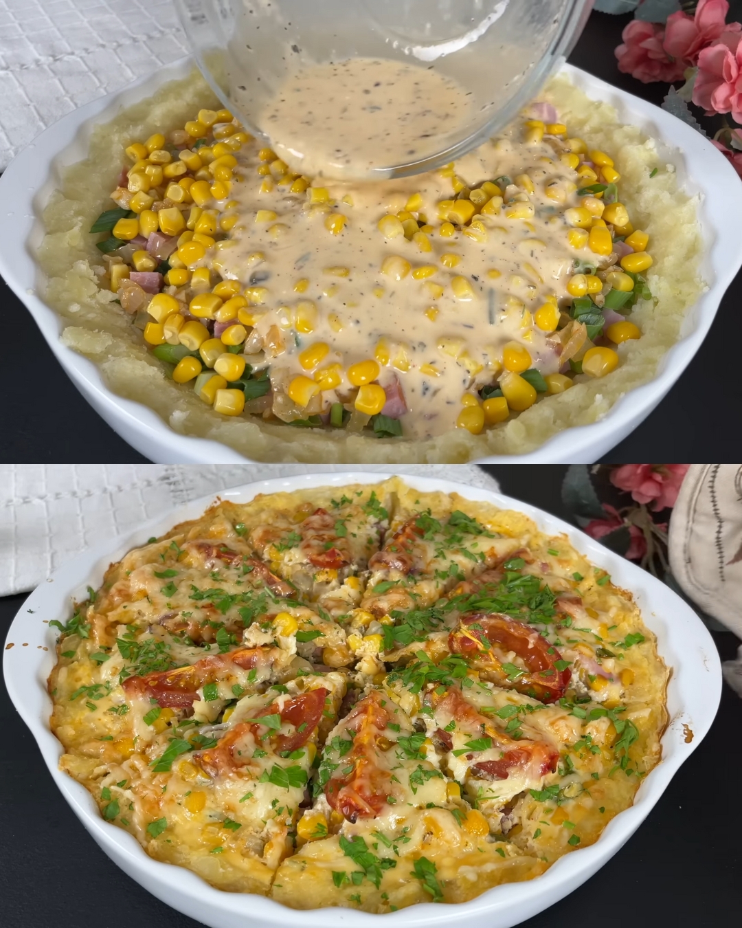 Baked Potato Casserole with Ham, Vegetables, and Cheese