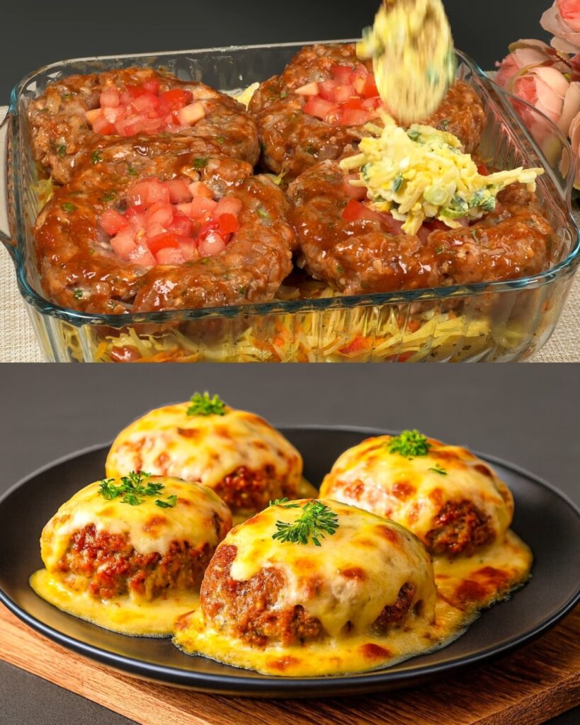 Stuffed Meatball and Vegetable Bake with Fresh Avocado Salad finished dish