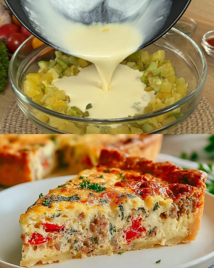 Baked Zucchini, Potato, and Minced Meat Casserole with Creamy Garlic Dill Sauce