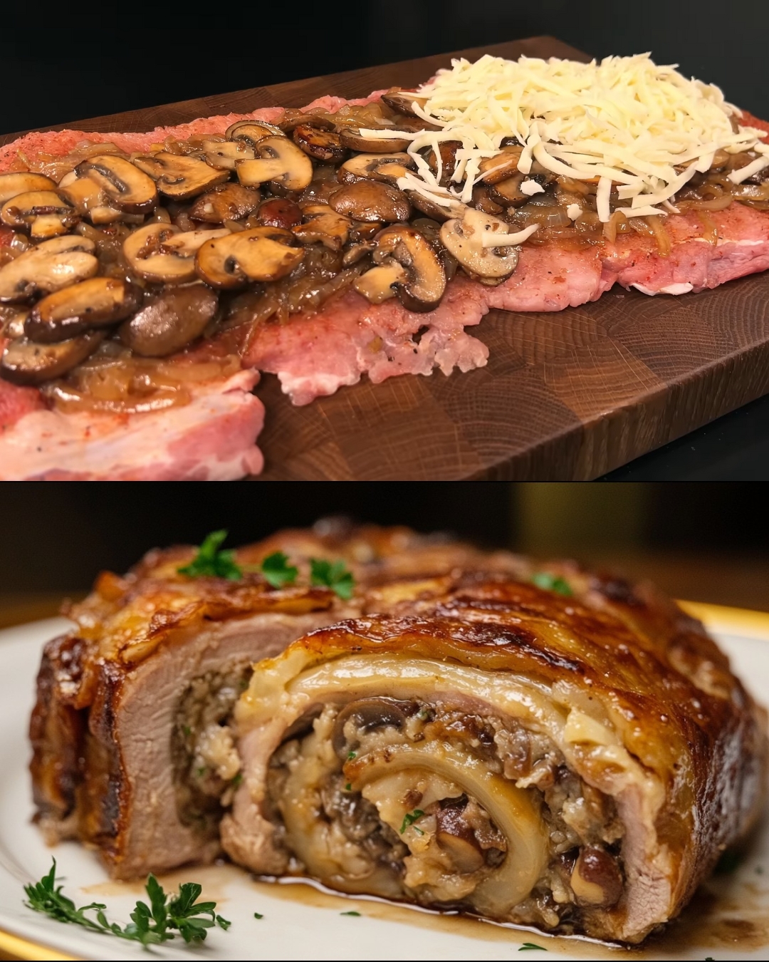 Stuffed Pork Carbonade with Mushrooms, Cheese, and Bacon