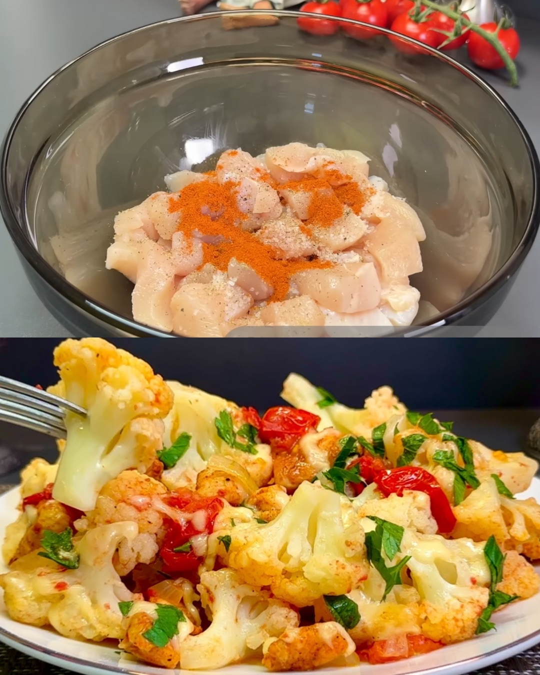 Cauliflower and Chicken Skillet with Cheese and Tomatoes
