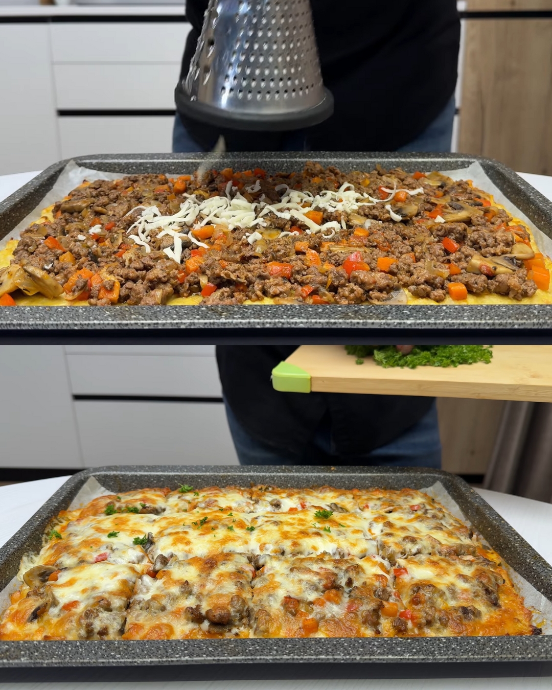Baked Potato and Beef Casserole with Vegetables and Mozzarella