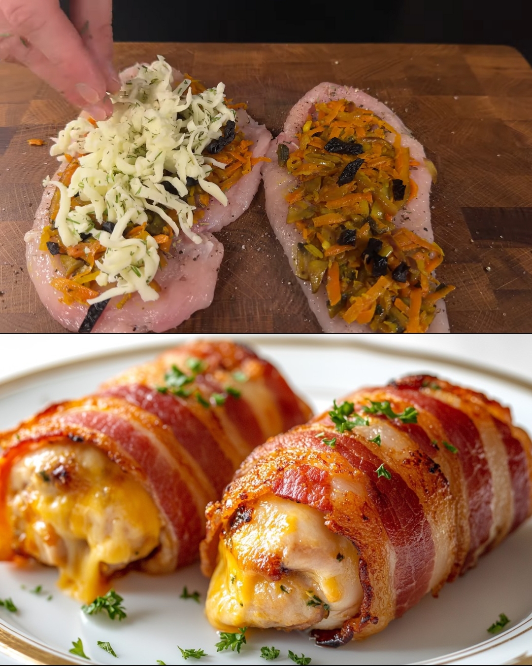 Bacon Wrapped Chicken Rolls with Fresh Salad and Creamy Garlic Sauce