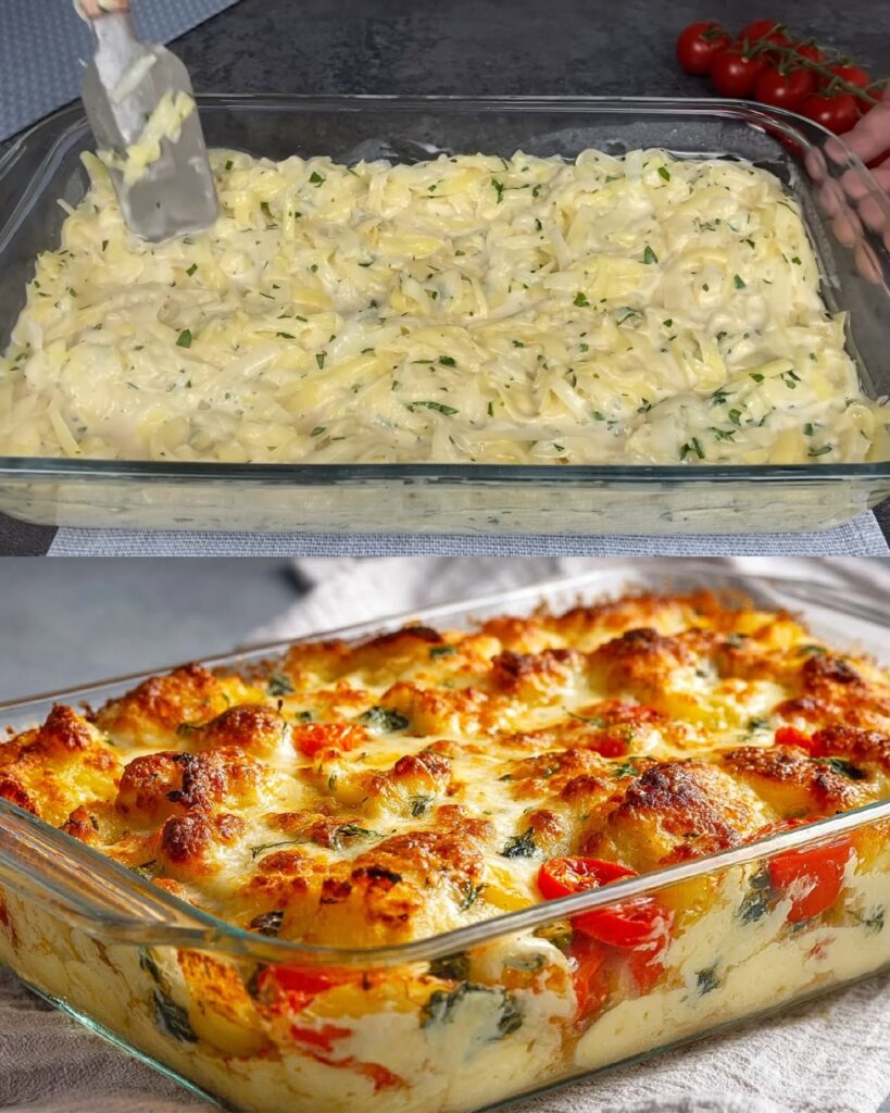 Baked Potato and Vegetable Casserole with Smoked Salami and Creamy Tomato Sauce