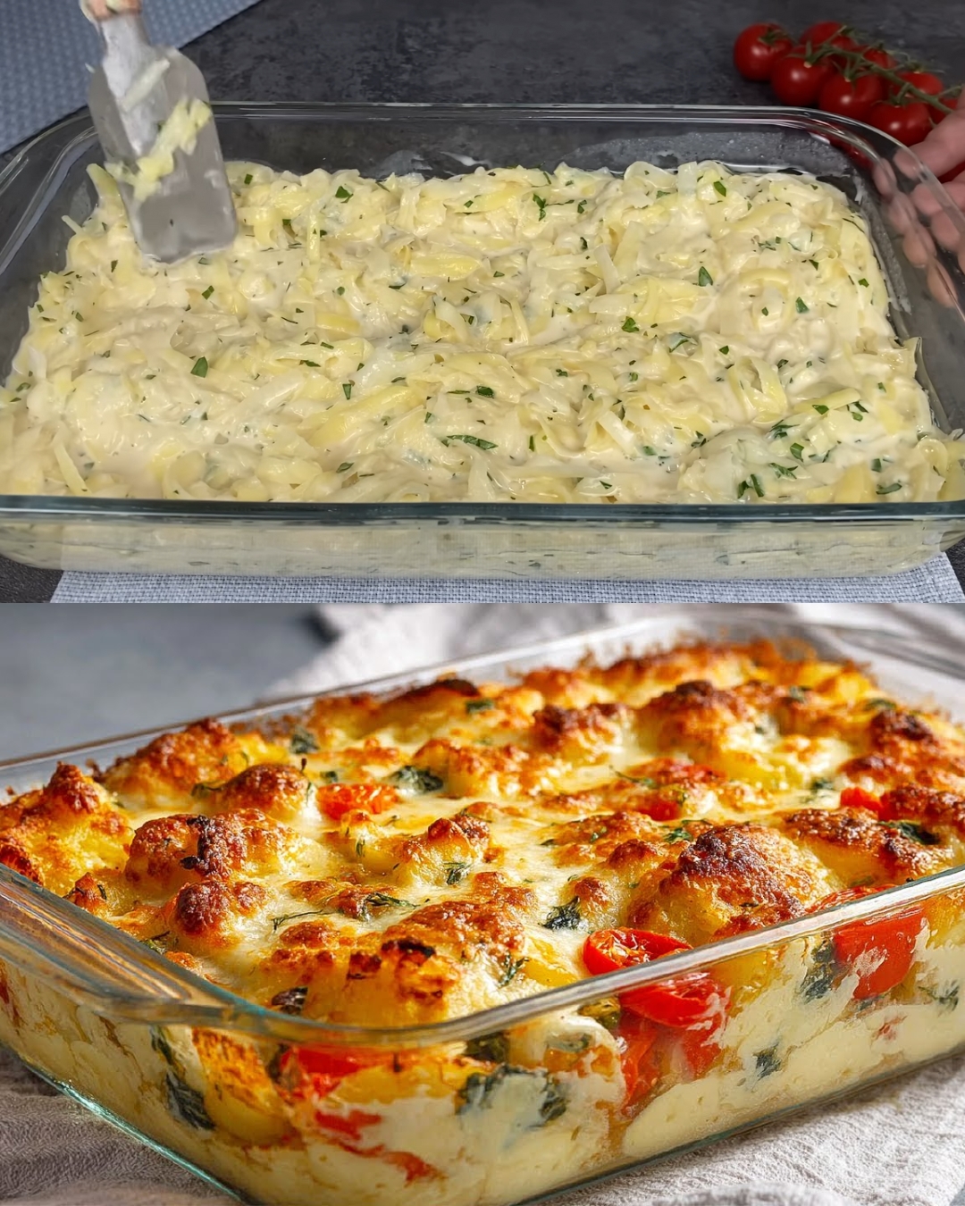 Baked Potato and Vegetable Casserole with Smoked Salami and Creamy Tomato Sauce