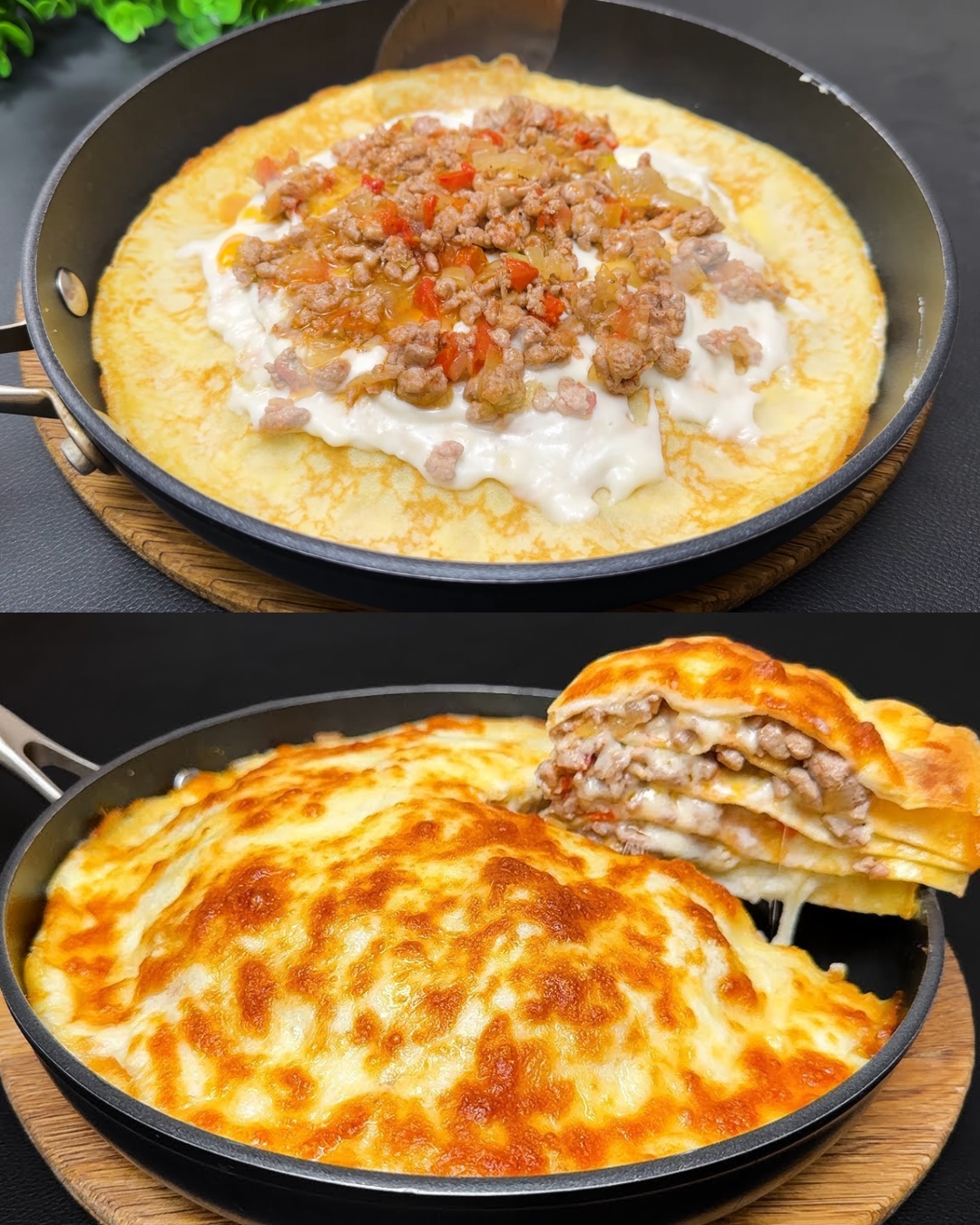 Savory Pancake Lasagna with Minced Meat and Mozzarella