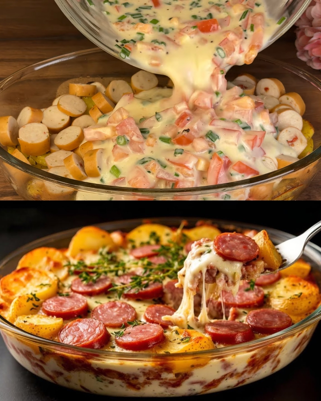 Baked Potato and Sausage Casserole with Creamy Garlic Dill Sauce and Fresh Salad